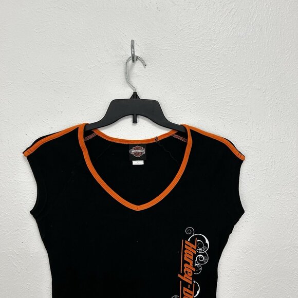 Harley Davidson Cap Sleeve V neck Shirt Black Orange Side Spell Out Logo Size L - Picture 2 of 8